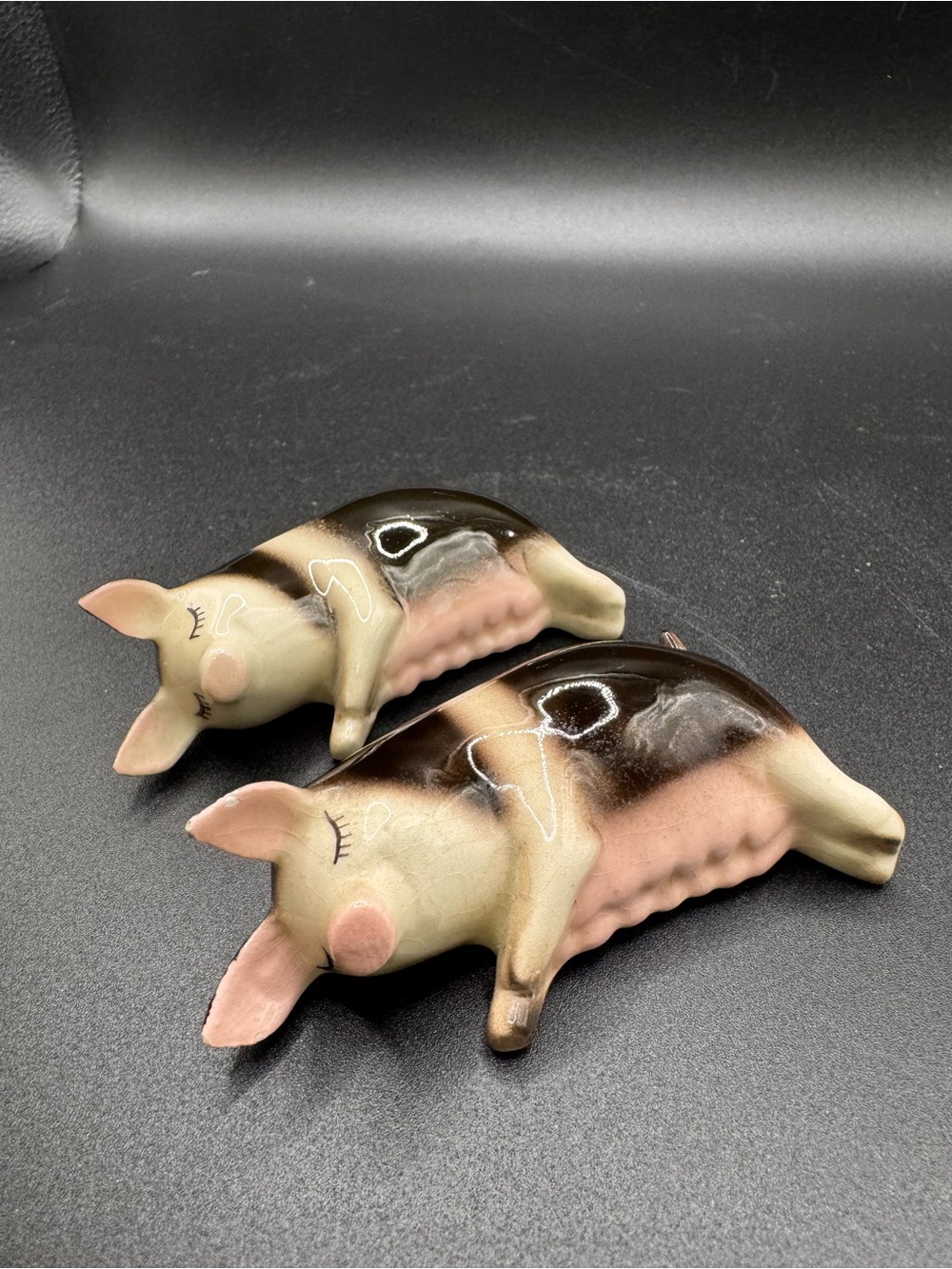Ceramic Sleeping Pig Figurine Pair - Pink and Brown Decorative Set